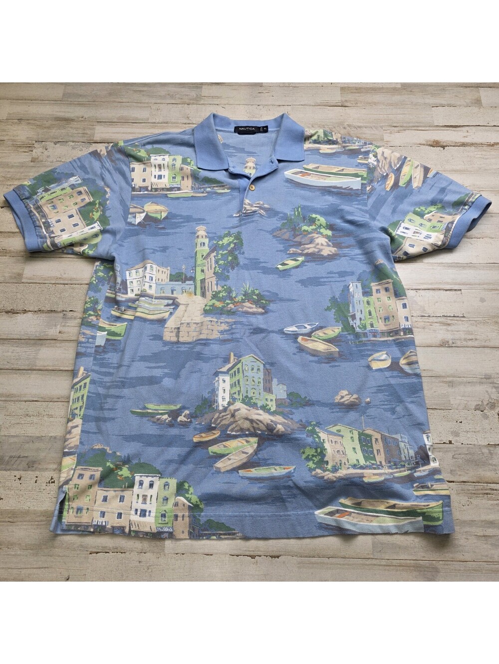 VTG Nautica Polo Shirt Men's XL Mediterranean Coastal Village AOP - Blue Cotton
